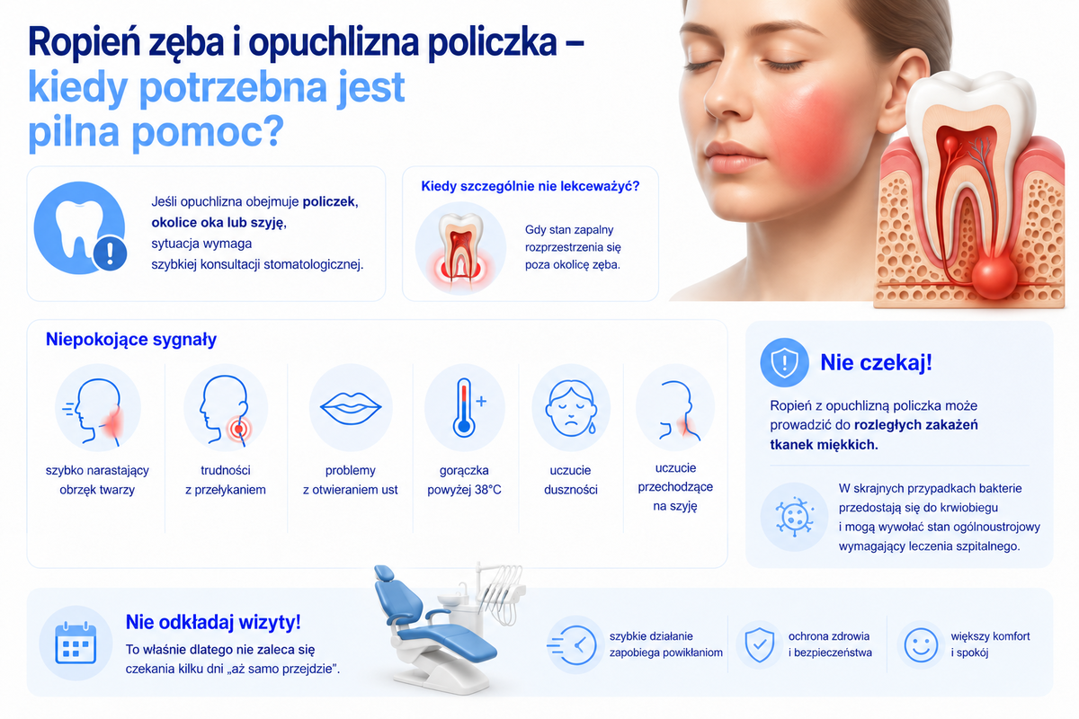 Ropień zęba i opuchlizna policzka